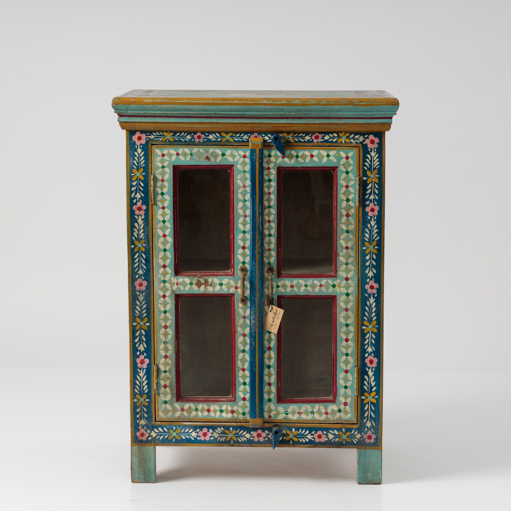 Dulap Pictat din Lemn de Mango cu Vitrina