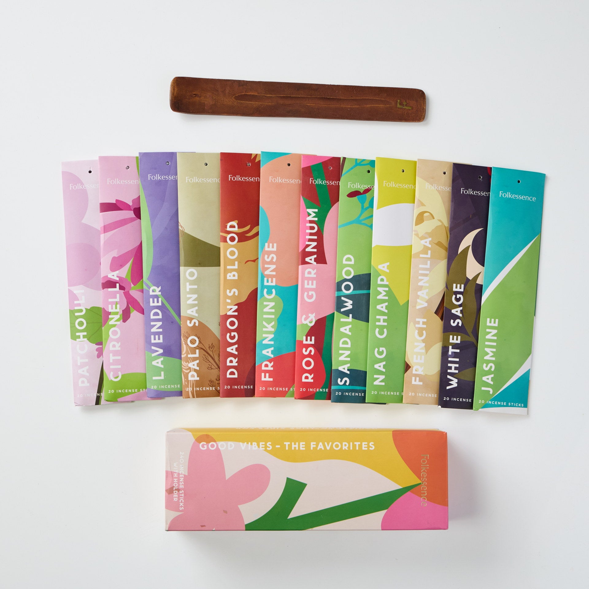 Betisoare parfumate Folkesence Good Vibes – set 12 pachete cu suport din lemn