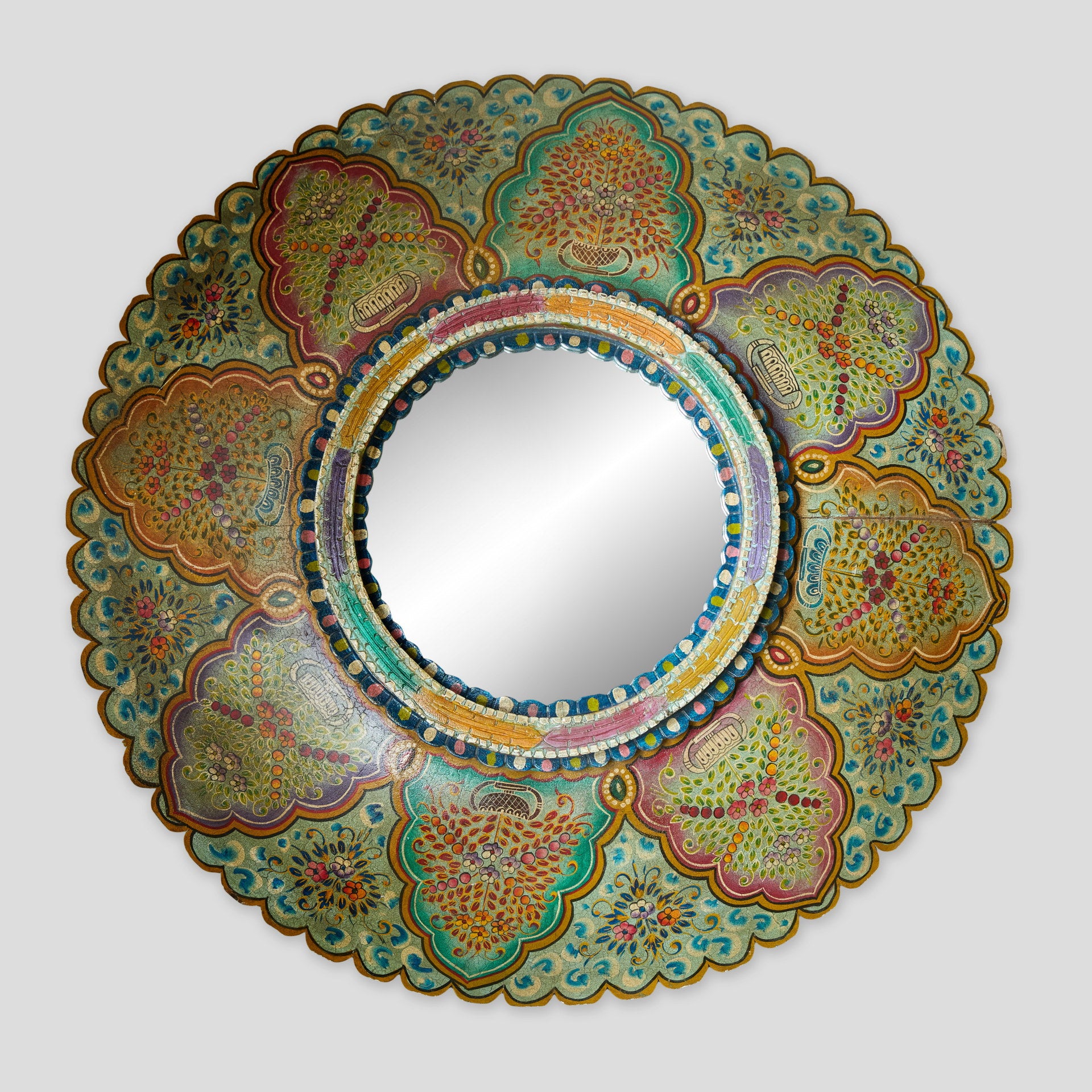 Oglinda indiana rotunda cu rama pictata din lemn de mango – decor oriental
