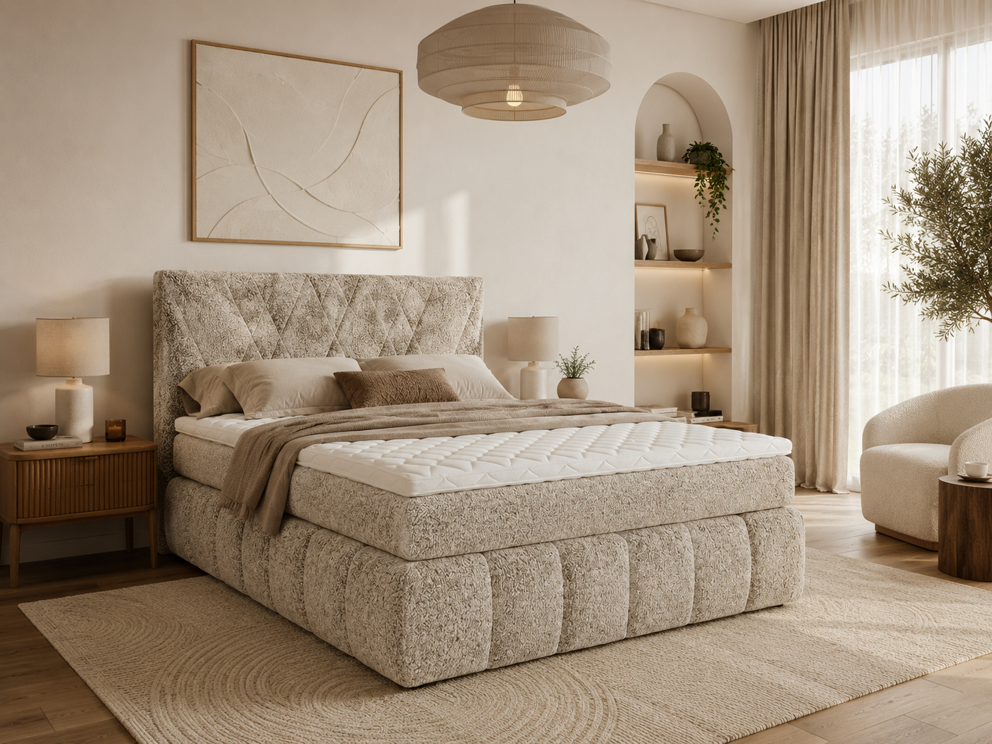 BELLAGIO  Pat matrimonial boxspring tapitat verde cu saltea si topper incluse