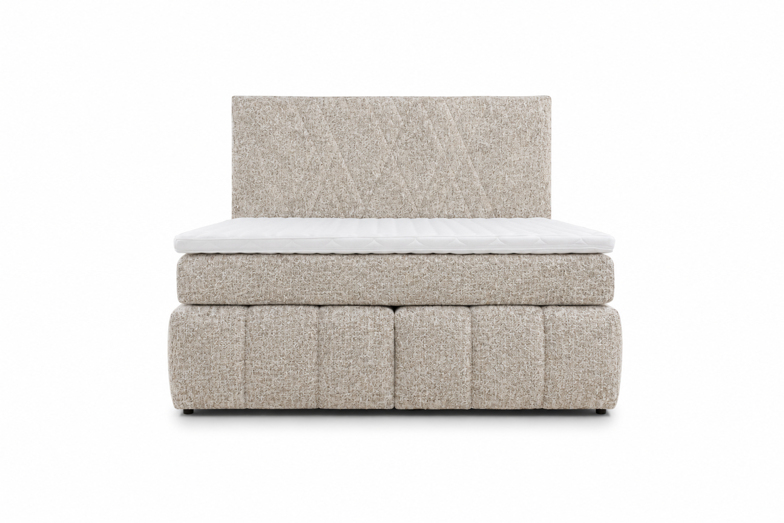 BELLAGIO  Pat matrimonial boxspring tapitat grej cu saltea si topper incluse