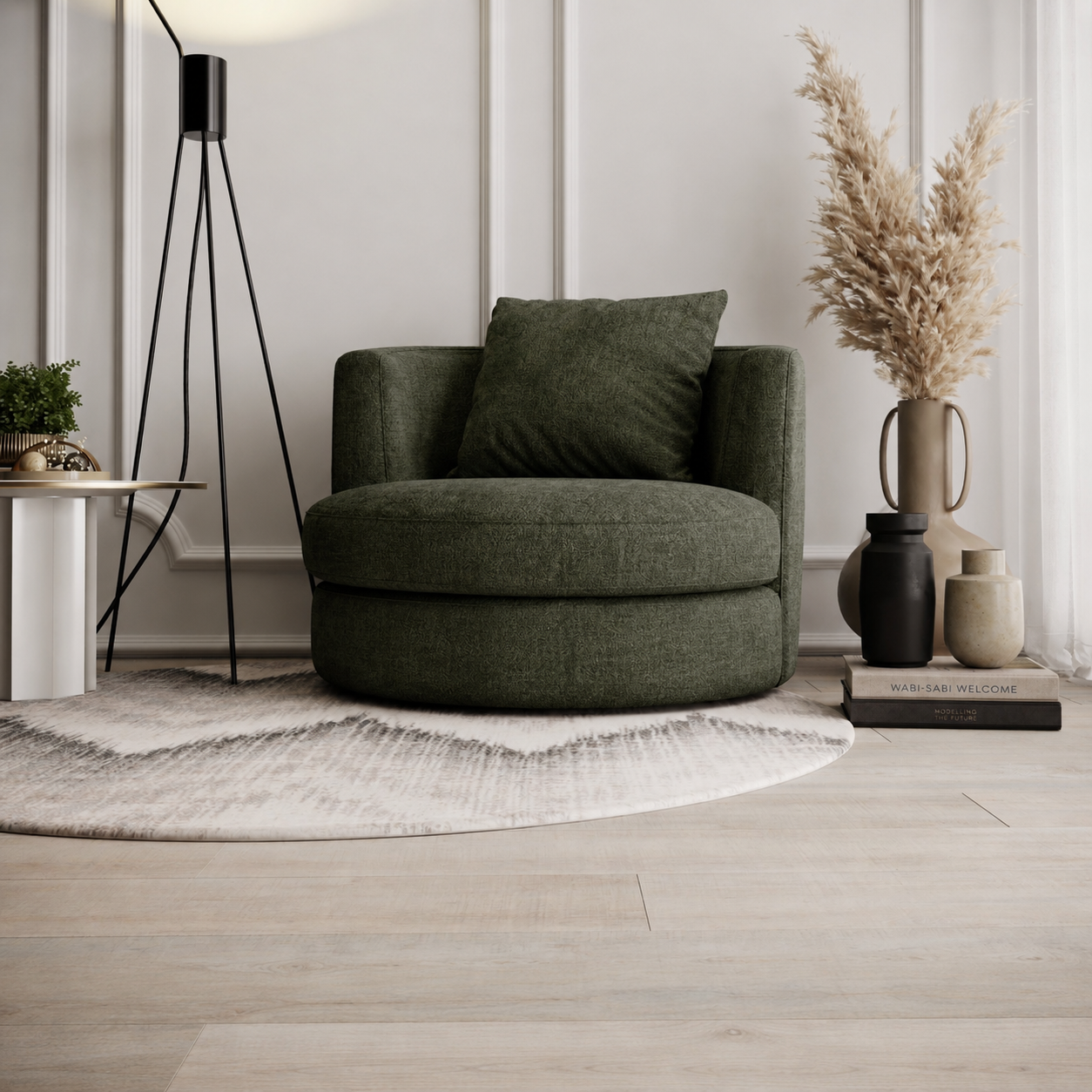 BELLAGIO Fotoliu rotativ verde din textil cu design modern