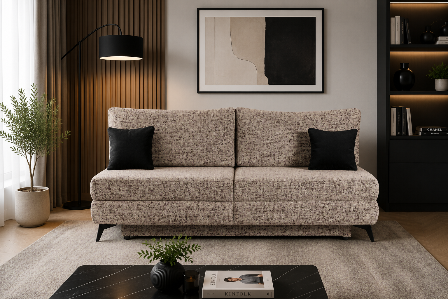 MODULAR HARMONY Canapea extensibila din textil maro cu lada depozitare