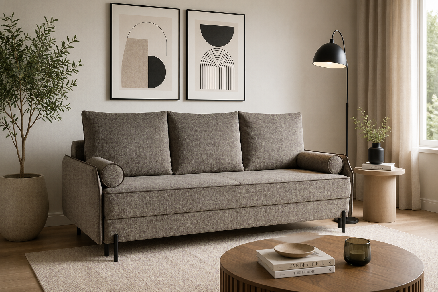 URBAN NEST Canapea extensibila gri din textil cu 3 locuri