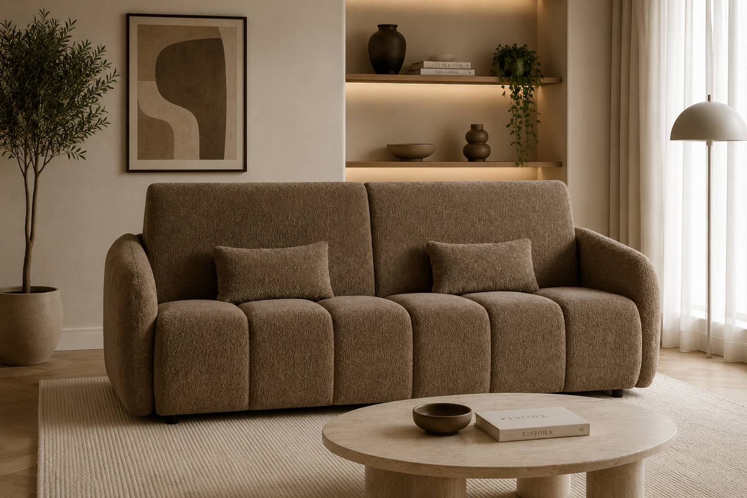 LINEA CONFORT  Canapea extensibila din textil maro cu lada de depozitare