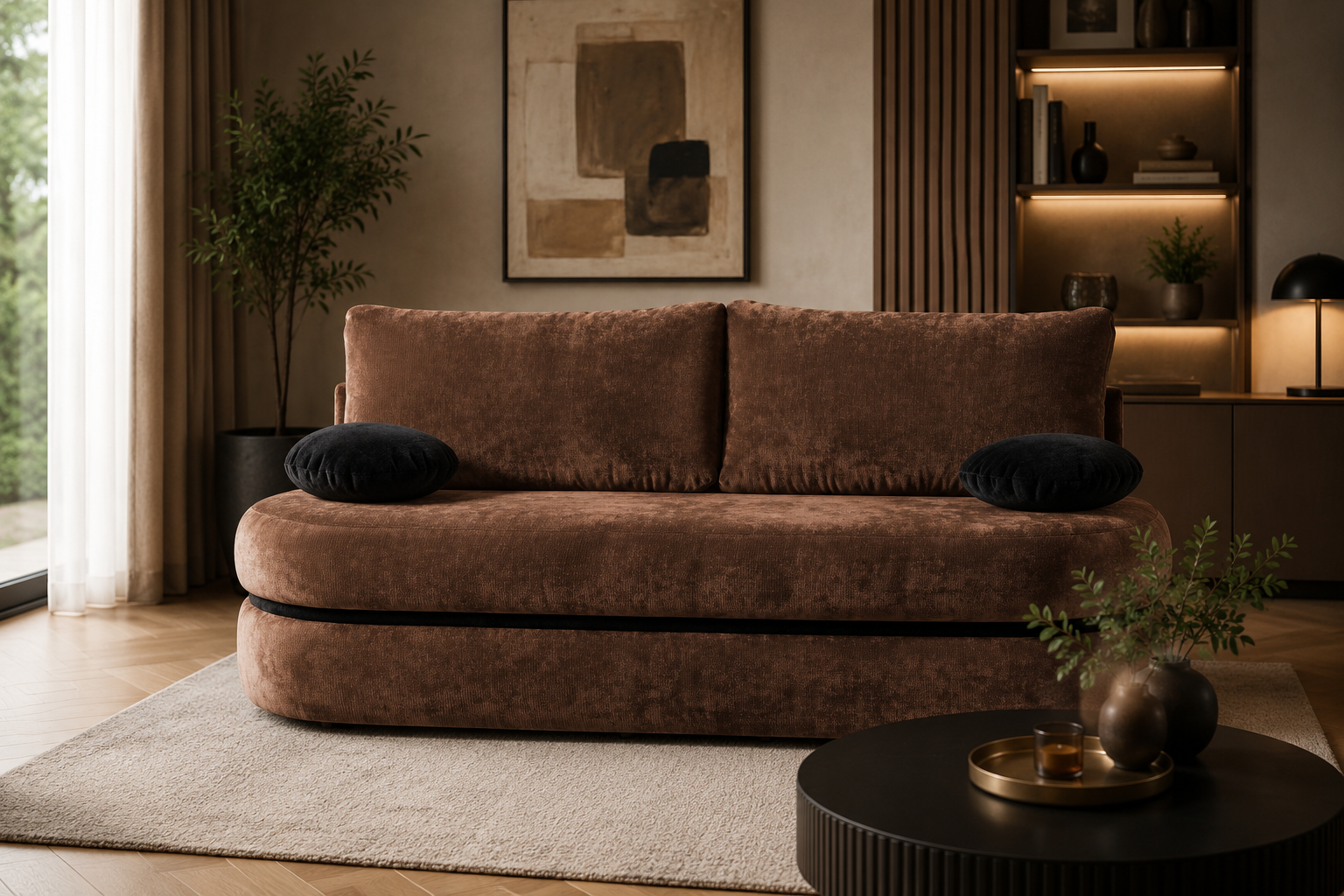AURA Canapea extensibila din textil maro cu lada depozitare