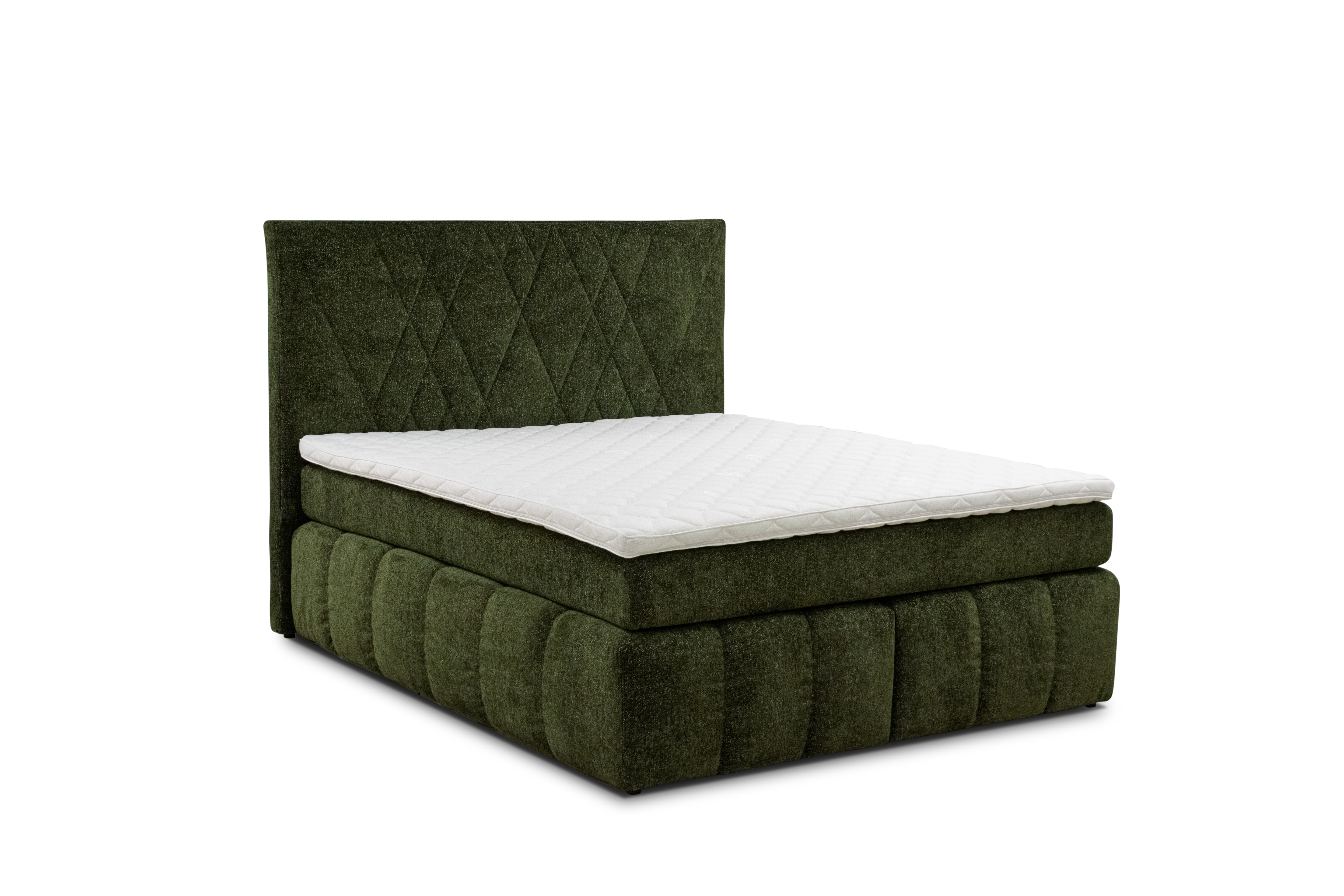 BELLAGIO  Pat matrimonial boxspring tapitat verde cu saltea si topper incluse