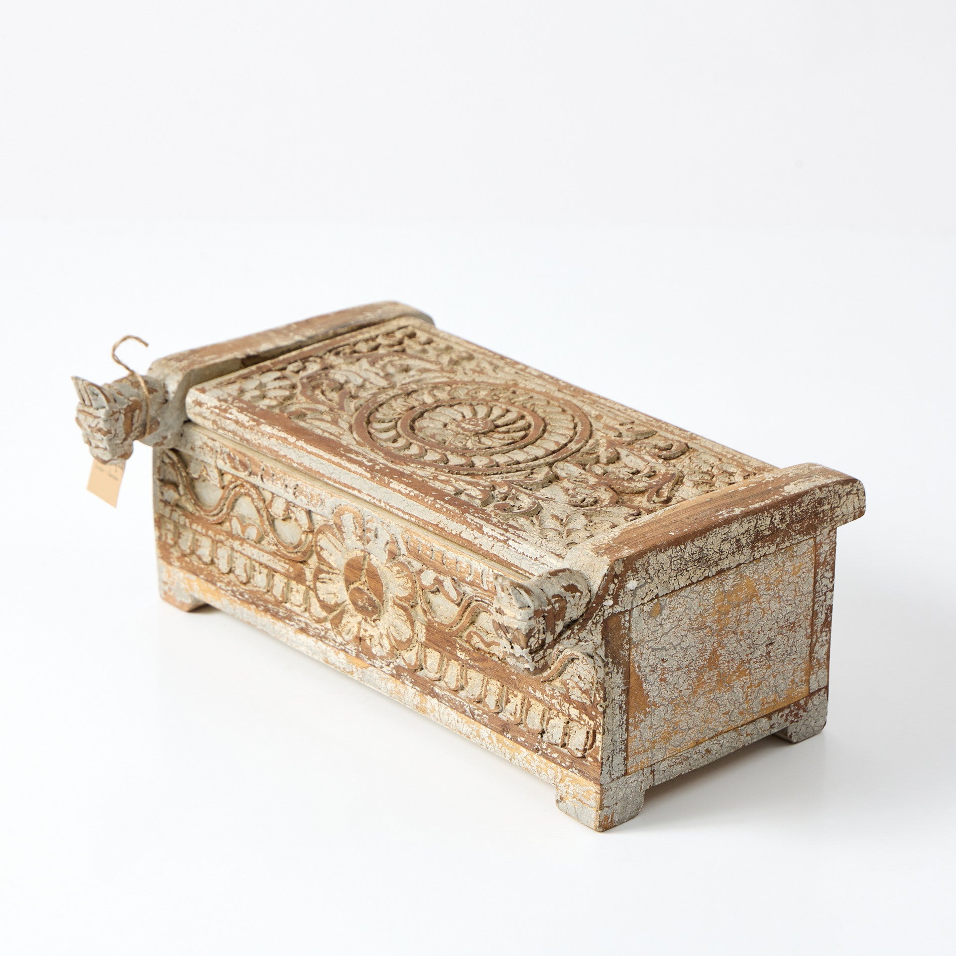 Cutie decorativa din lemn de mango sculptat -  tip cufar