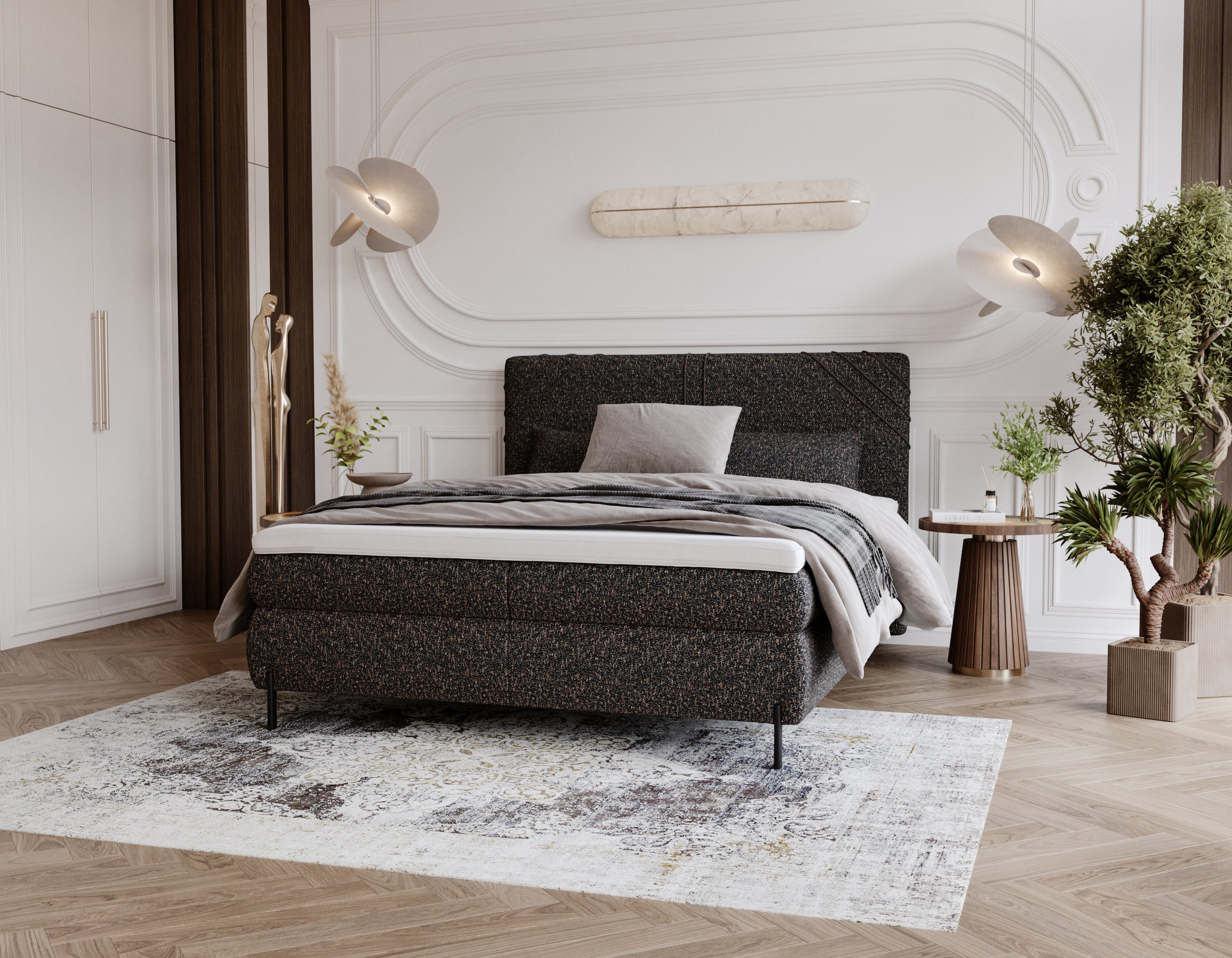 BERLIN Pat premium tapitat gri antracit cu lada de depozitare saltea si topper incluse