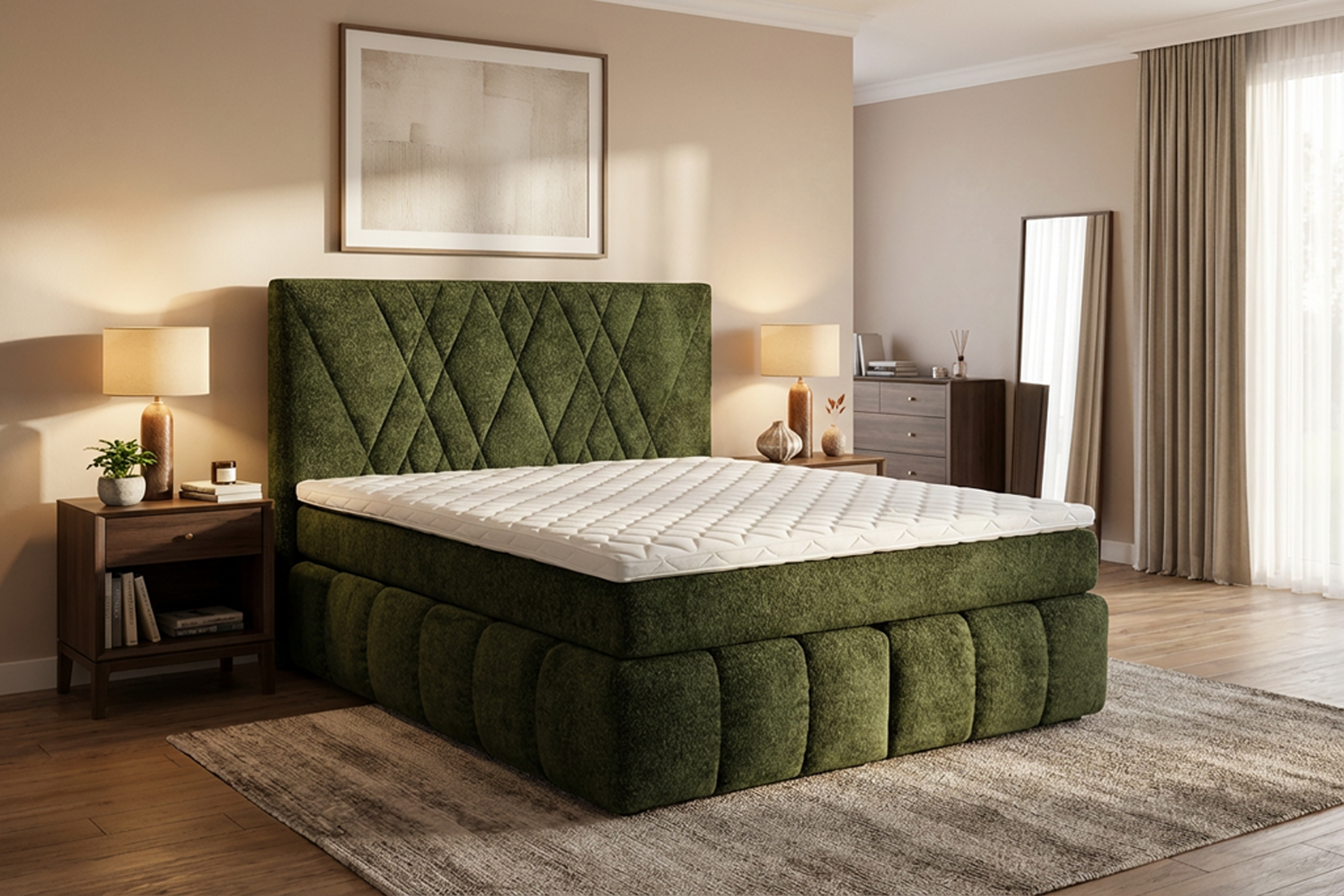BELLAGIO  Pat matrimonial boxspring tapitat verde cu saltea si topper incluse
