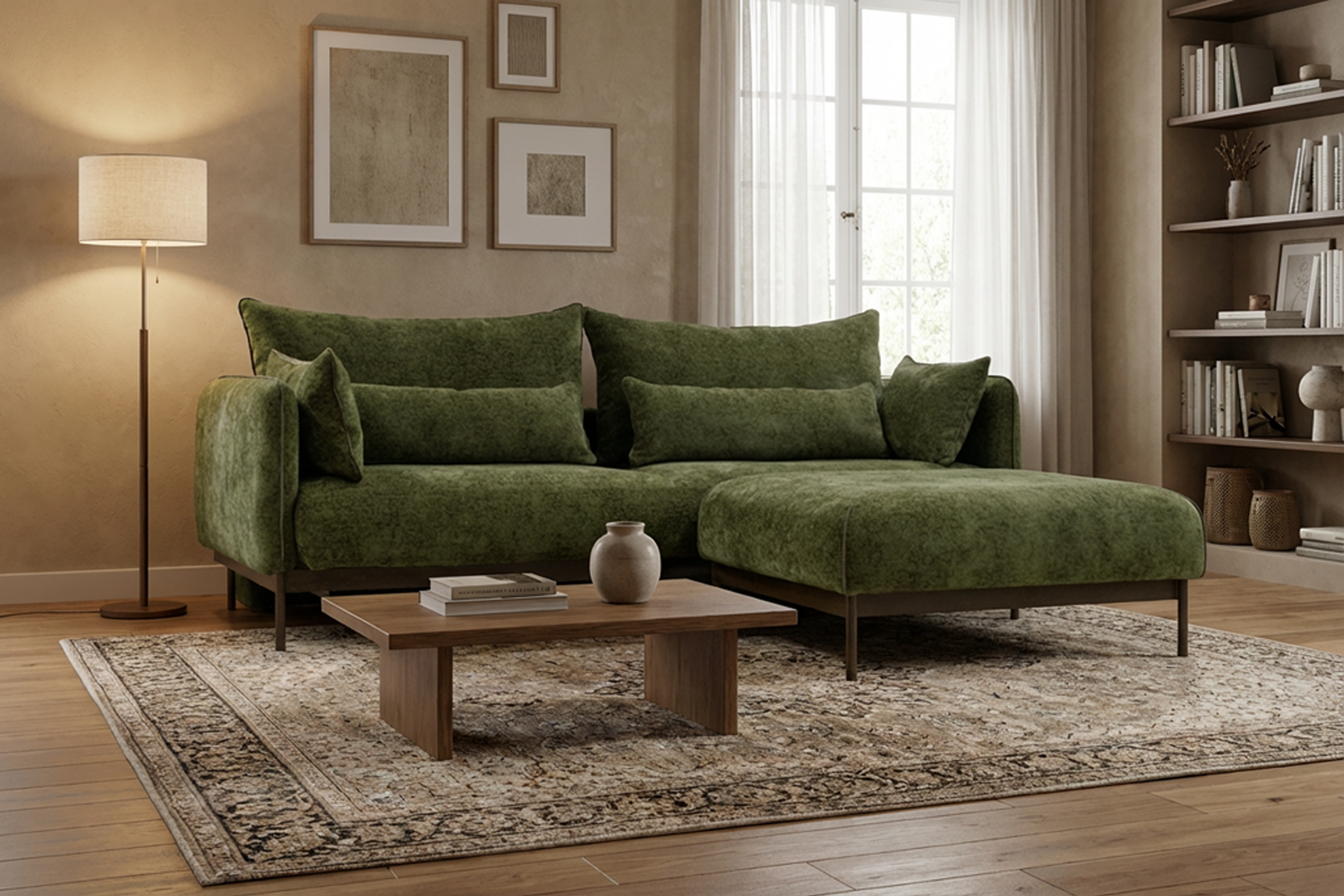 PRESTIGE  Canapea extensibila din textil verde cu 3 locuri pentru interioare moderne