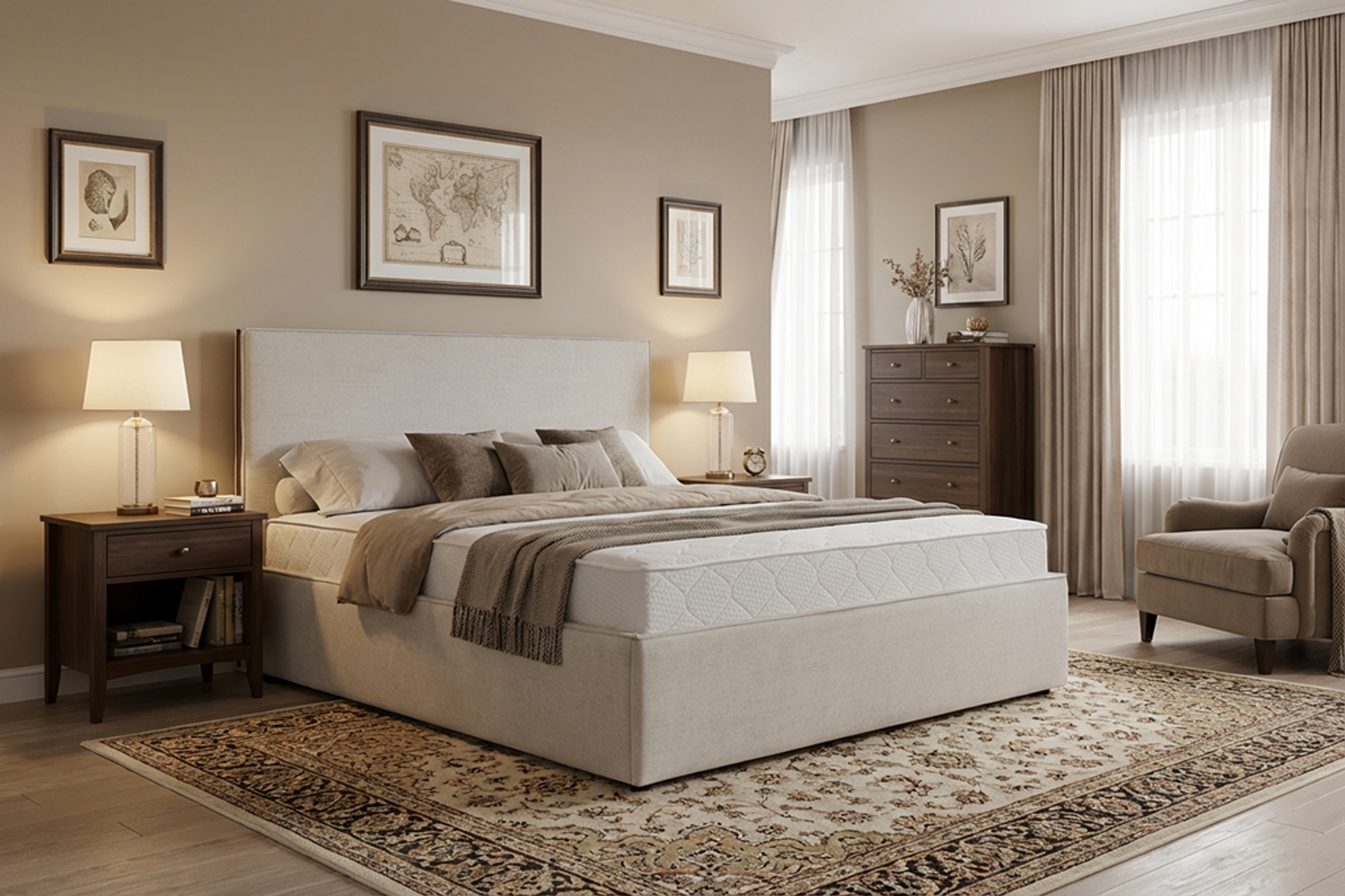 MONACO DELUXE Pat matrimonial boxspring tapitat bej cu lada depozitare